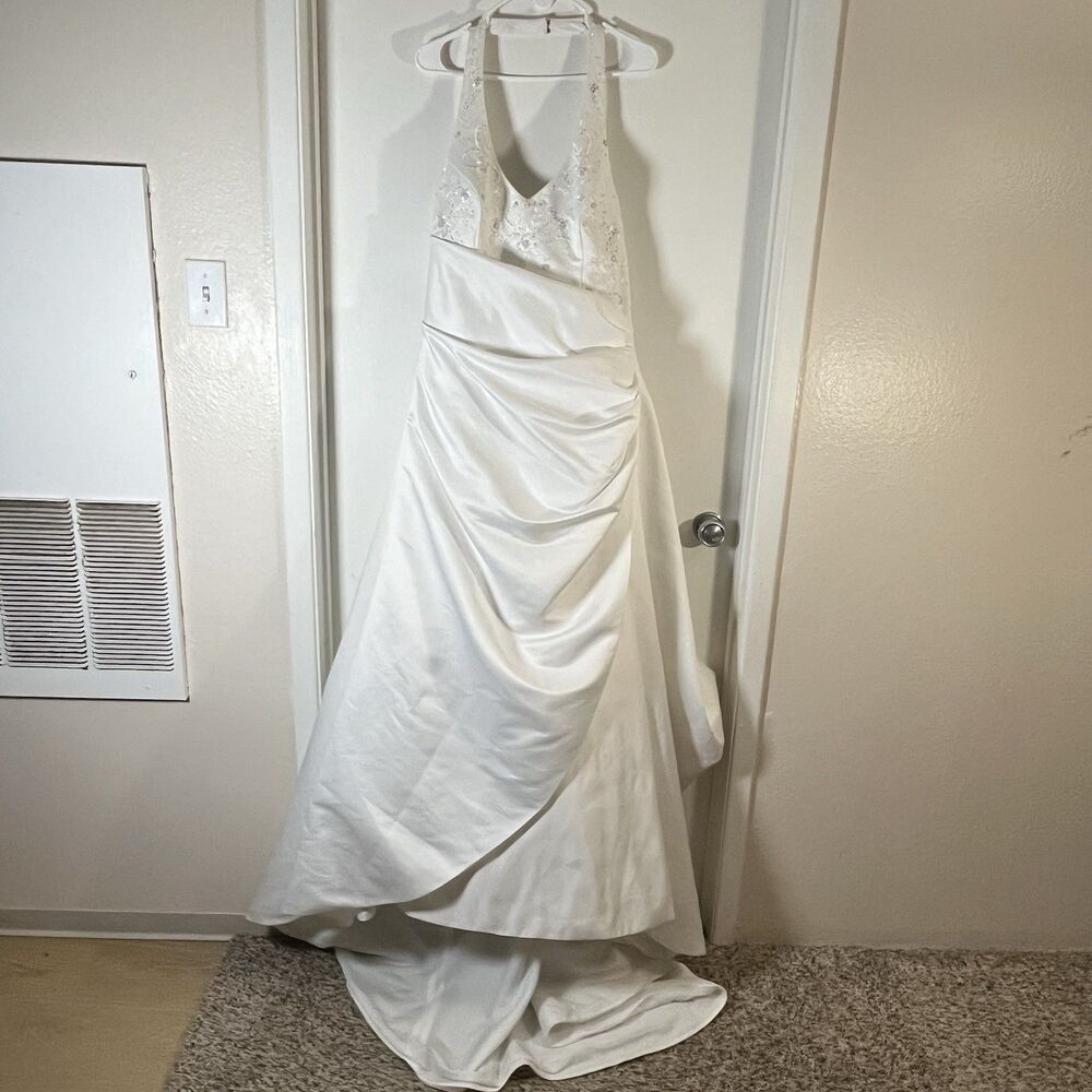 DA VINCI Wedding Dress Sz 18 Ivory Beaded Sequin Satin Hatler Long Train Ruched